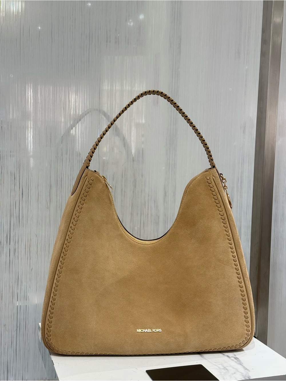 MICHAEL KORS Nayla Medium Suede Hobo Shoulder Bag camel NWT